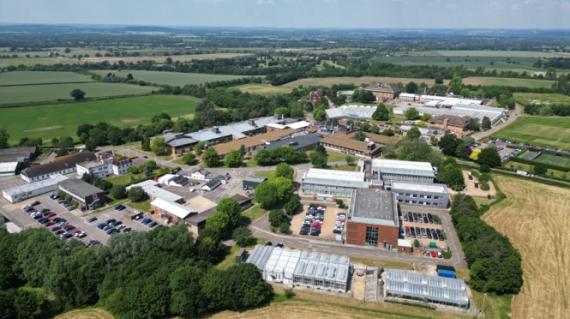 Ariel shot of Jealott’s some buildings among fields