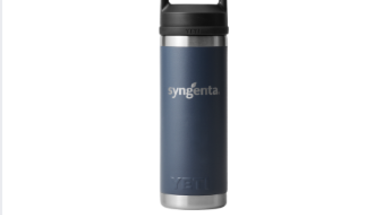 Navy insulated travel mug with black lid and handle on white background