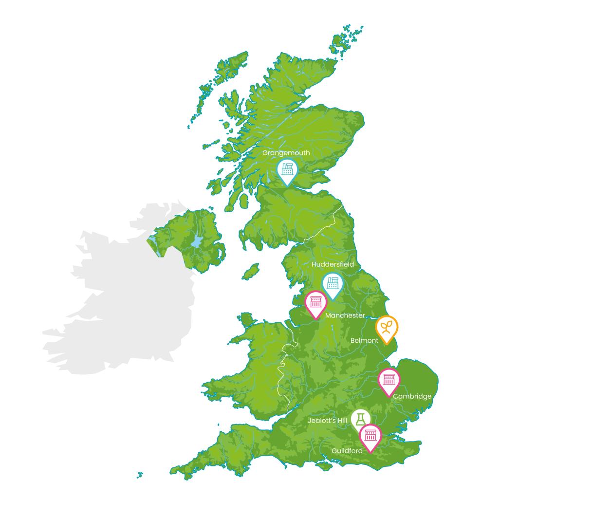 Map of the United Kingdom with location pins across England and Wales